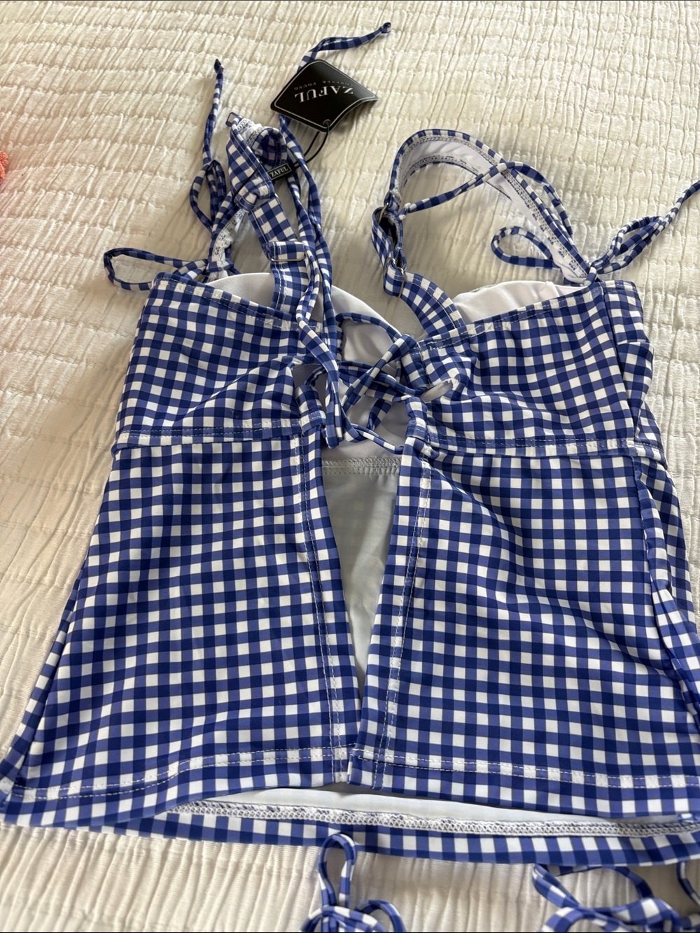 Zaful Blue Gingham Tie-Seat Tankini Bikini Set - Picture 4 of 5
